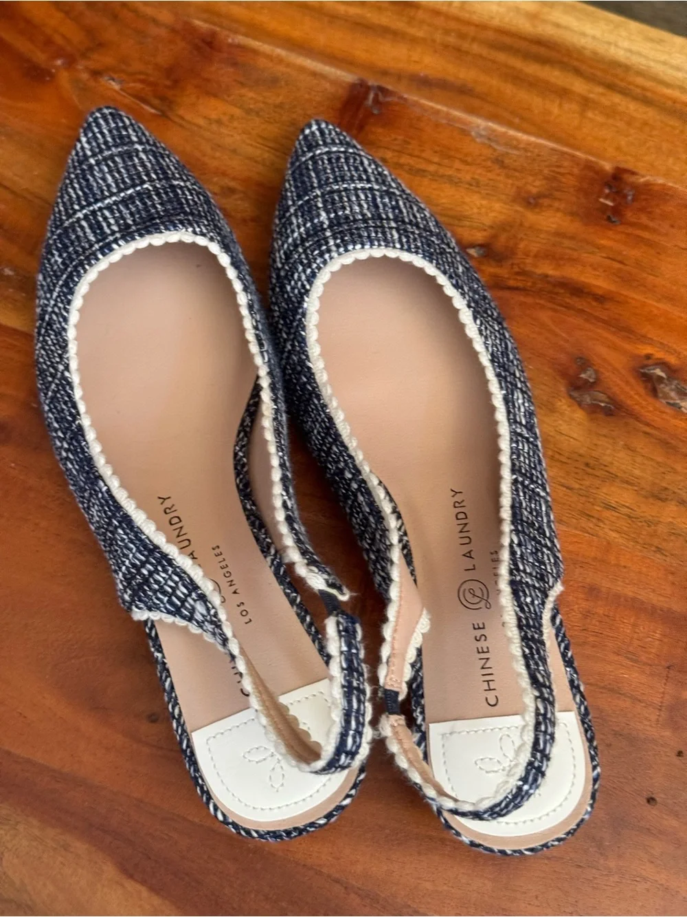 Chinese Laundry Navy Tweed Pointed Toe Slingback Low Block Heels Women's Size 11